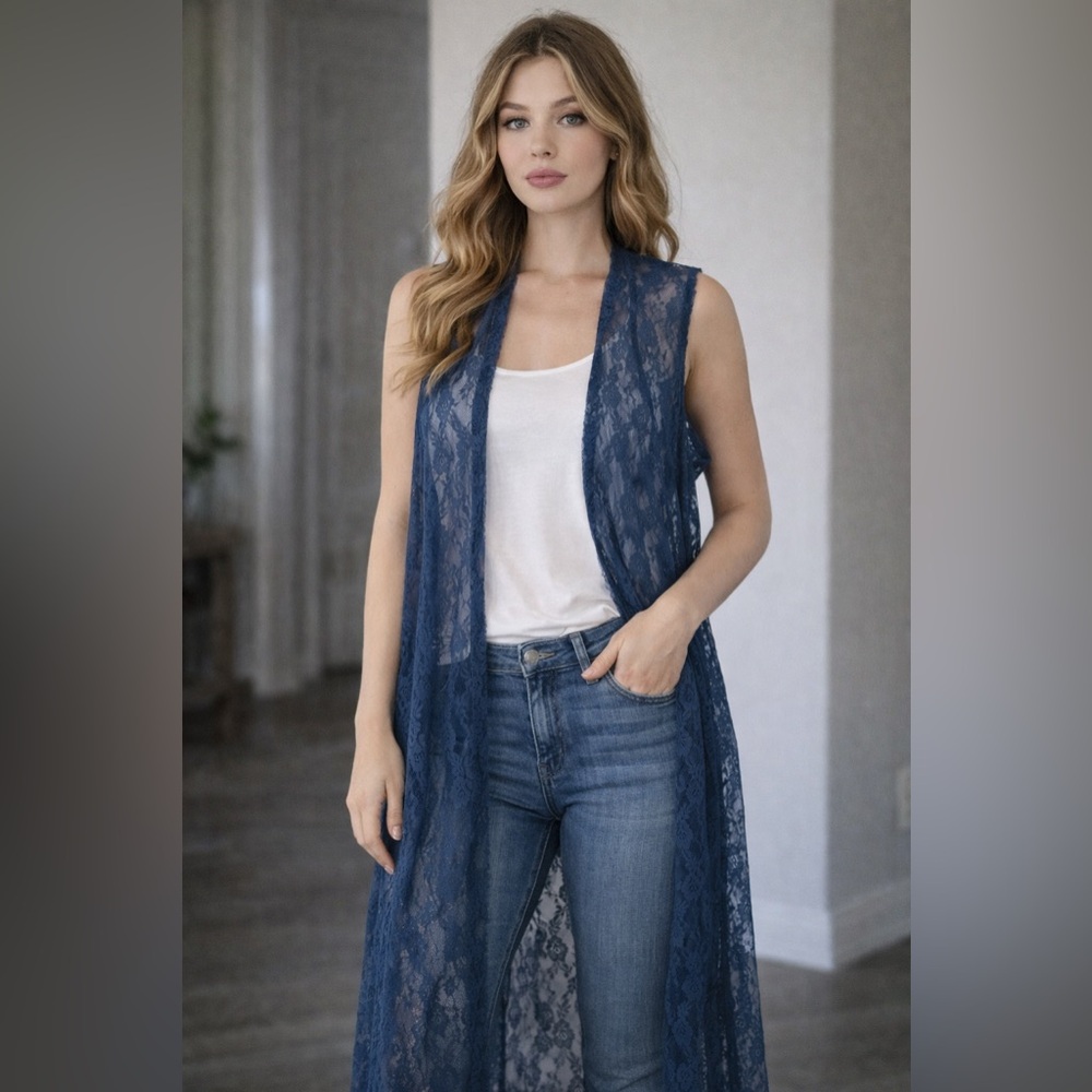 LuLaRoe Navy Blue Long Lace Floral Vest Sleeveless Large